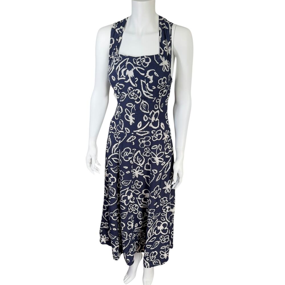 Vintage United Colors of Benetton Navy Blue Floral Print Cross Back Maxi Dress‎